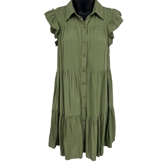 Lucky Brand Women Tier Dress Green Short Sleeve Ruffle Collar Size Small NWT New - Picture 1 of 7